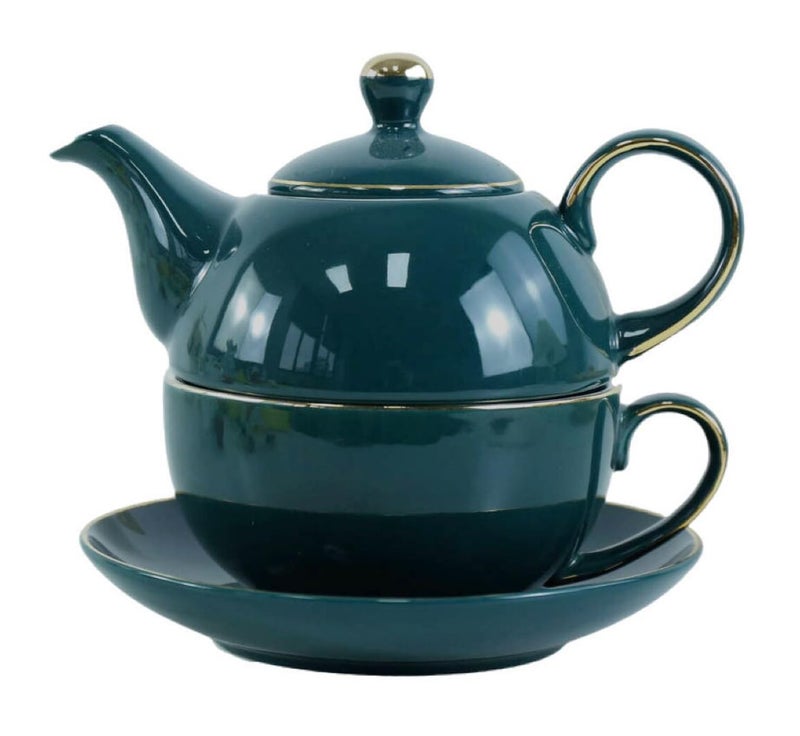 Eplze YBK Tech Ceramic Tea for One Set, 12oz Teapot and 8.2oz Cup with Saucer (Peacock Green) - Image 1